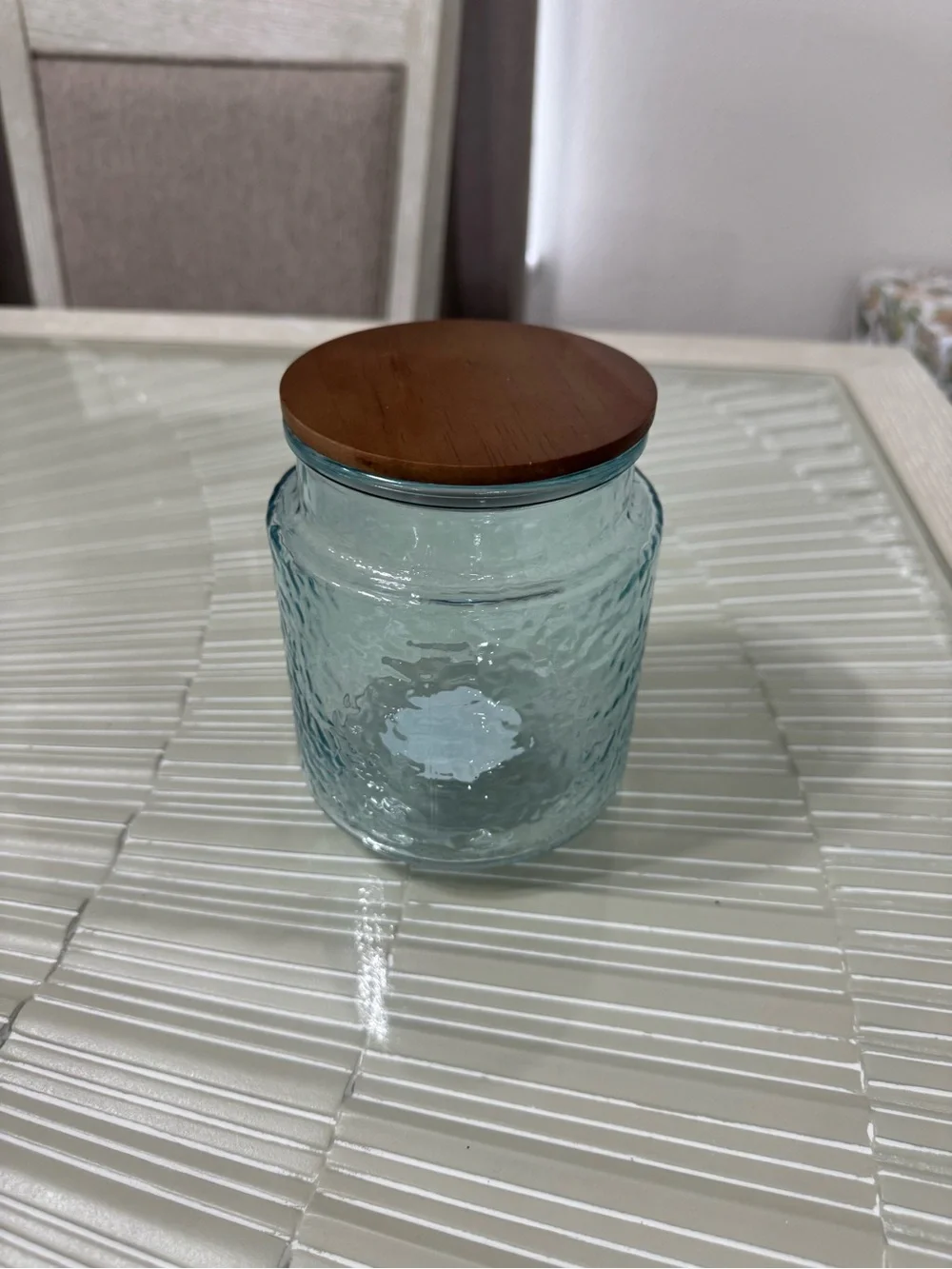 Clear Textured Glass Storage Jar with Wood Lid - Blue 40.6fl oz